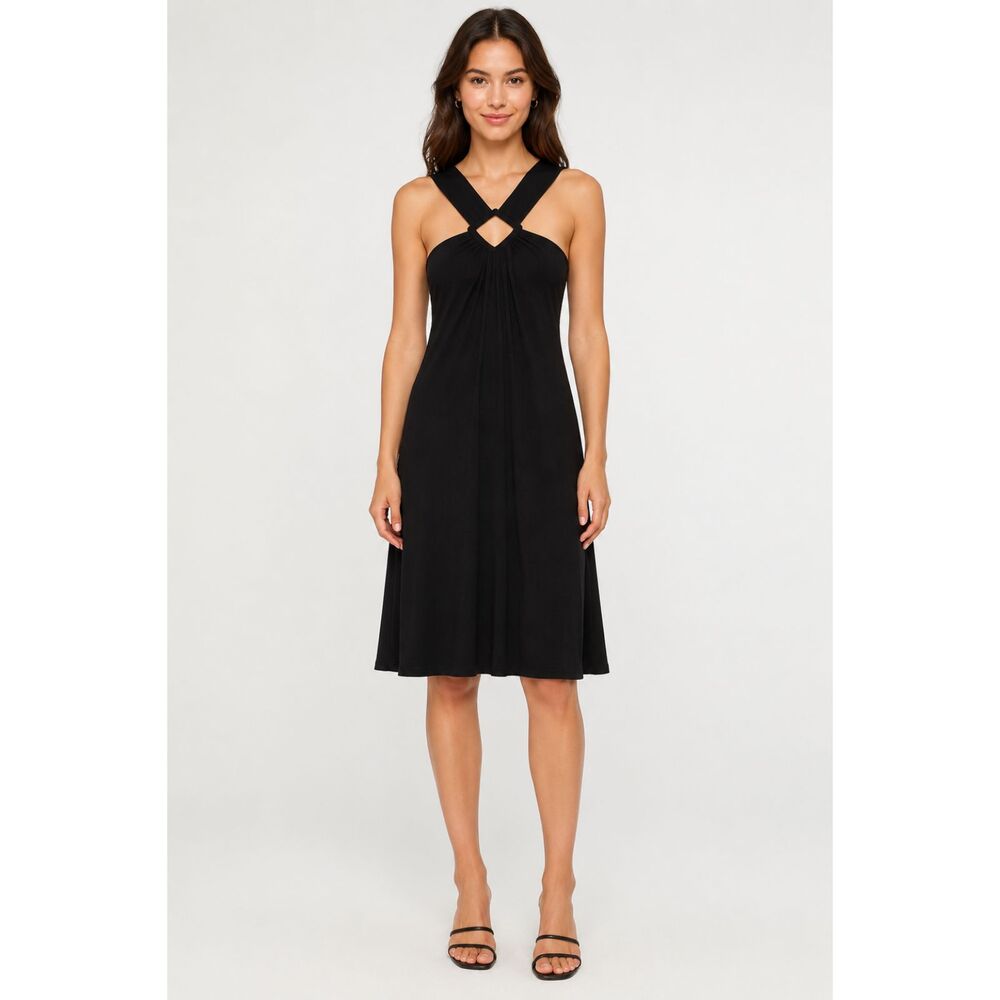 Nine West Black Midi Dress Square Neck Ring Detail Sleeveless Size 8 LBD Event